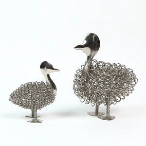 Wiggle Duck & Duckling Nickel silver colored sculpture, rustic farmyard metal